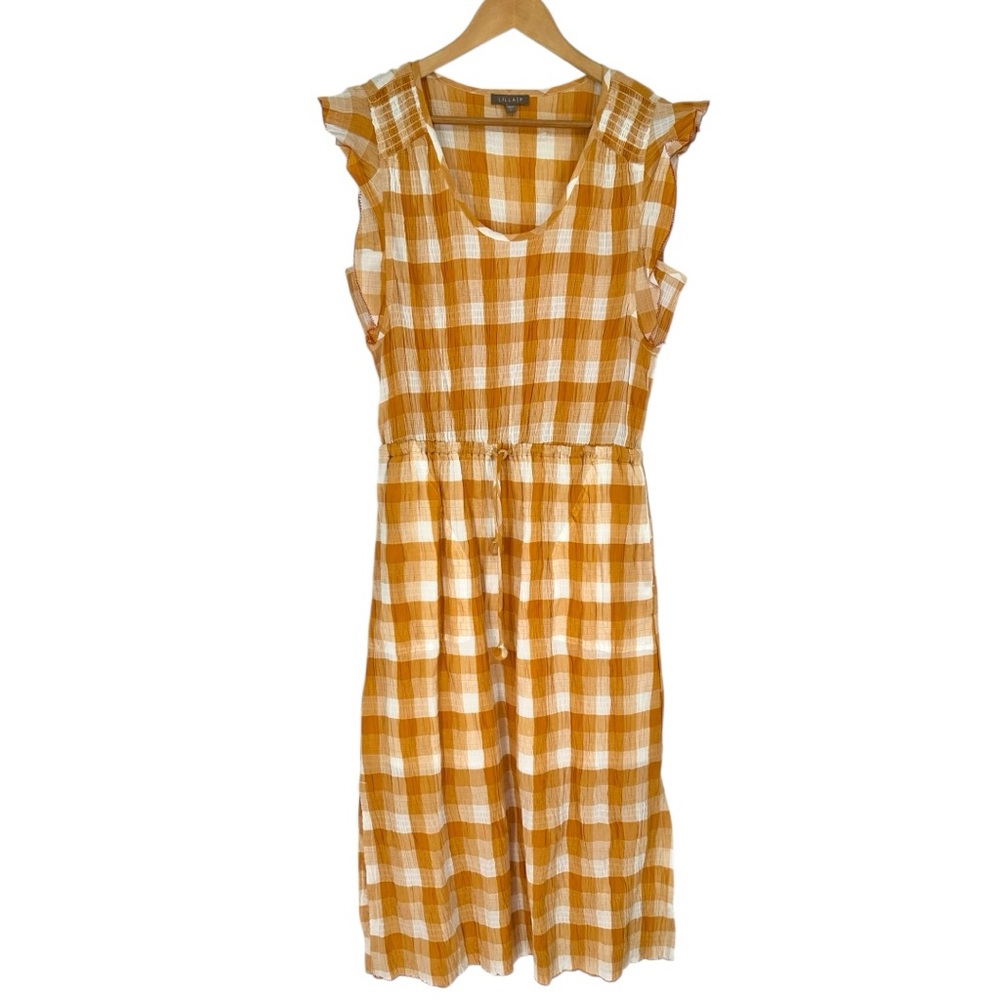 Lilla P Mustard Yellow Plaid Sleeveless Midi Dress size Small Cap Sleeve